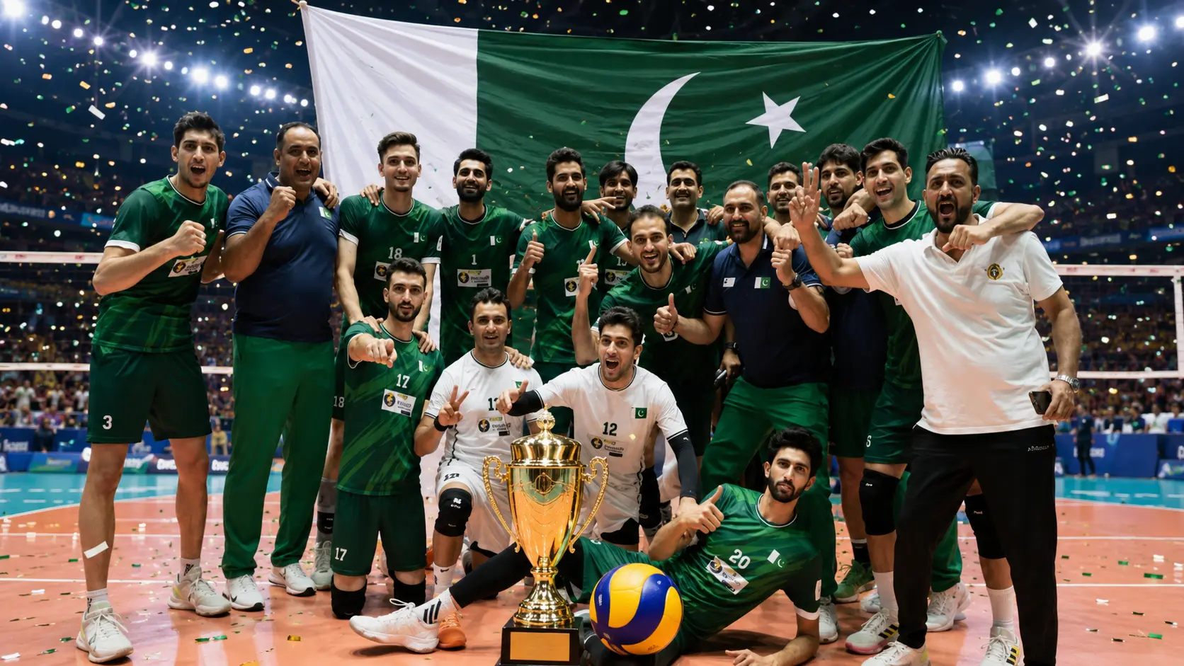 Pakistan national volleyball team celebrating after winning the Central Asian Volleyball Championship 2026 with the trophy and Pakistani flag.