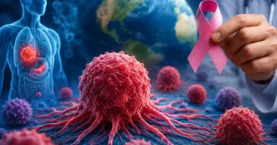 Doctor reviewing cancer awareness ribbon with global health concept