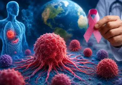Doctor reviewing cancer awareness ribbon with global health concept