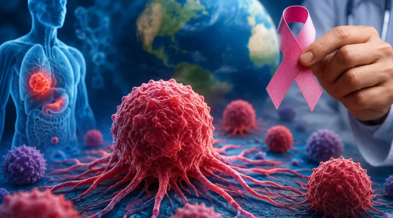 Doctor reviewing cancer awareness ribbon with global health concept