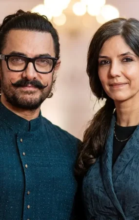 Bollywood actor Aamir Khan with his wife Gauri Spratt at their wedding event in Mumbai.