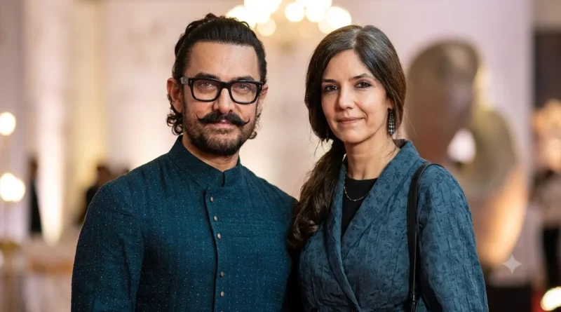 Bollywood actor Aamir Khan with his wife Gauri Spratt at their wedding event in Mumbai.