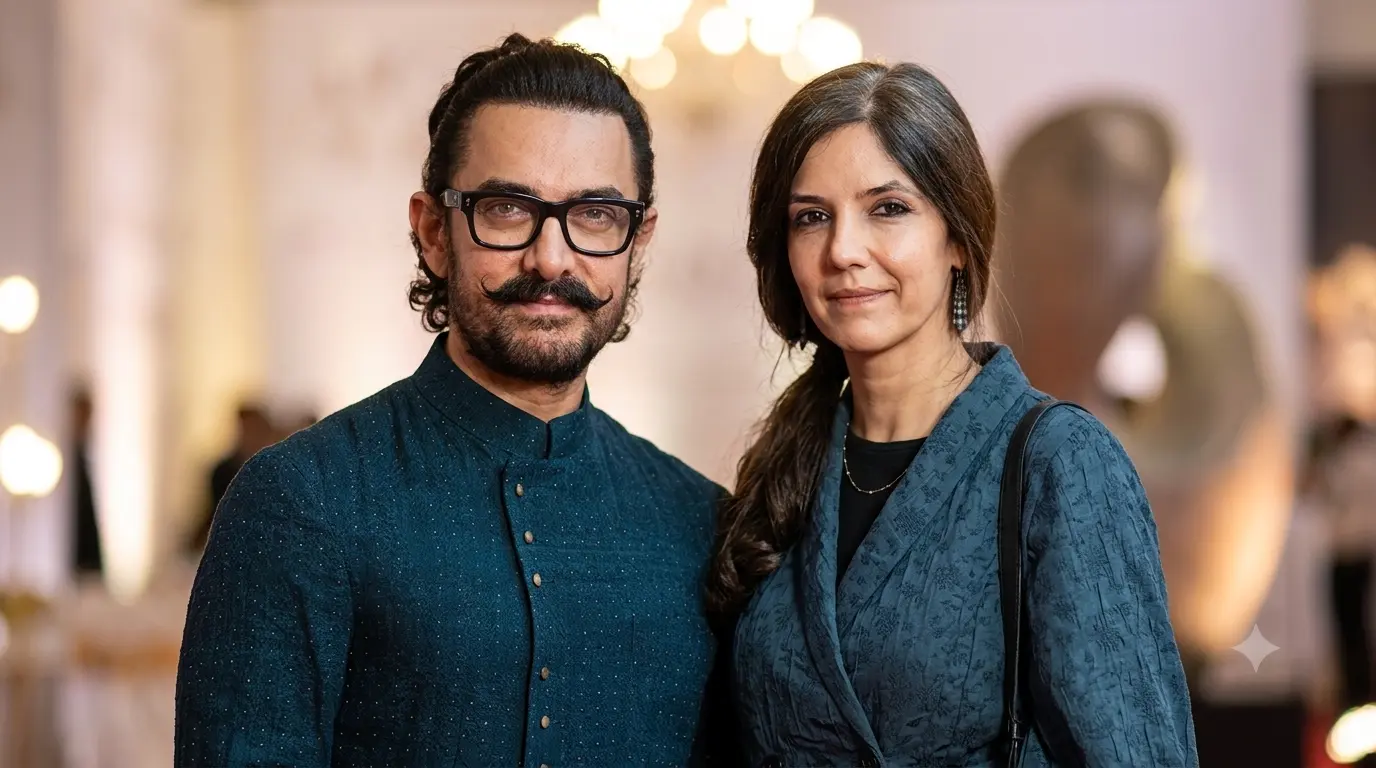 Bollywood actor Aamir Khan with his wife Gauri Spratt at their wedding event in Mumbai.