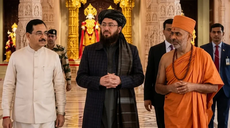 "Afghan Taliban Minister Attaullah Omari visiting a Hindu temple in New Delhi, India, surrounded by Indian officials and a Hindu priest."