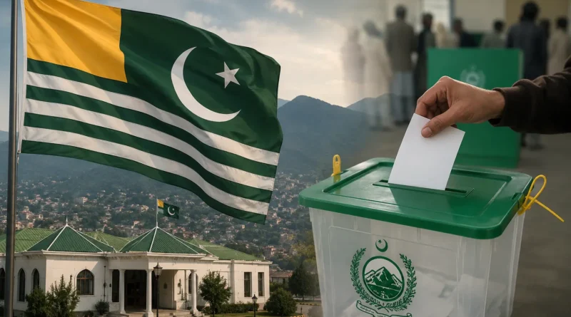 آزاد کشمیر قانون ساز اسمبلی انتخابات کے پہلے مرحلے کا بیلٹ باکس اور آزاد کشمیر کا پرچم