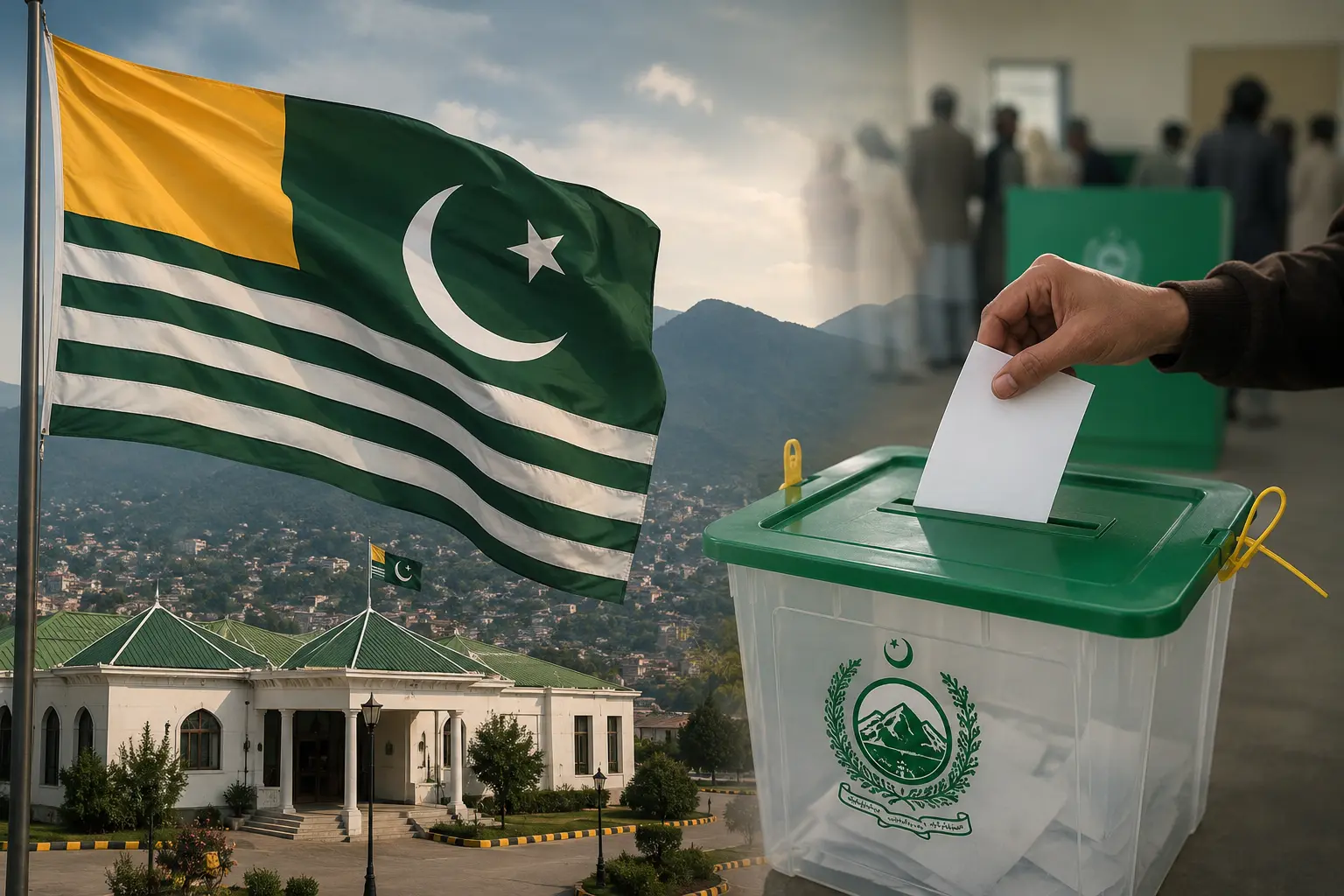 آزاد کشمیر قانون ساز اسمبلی انتخابات کے پہلے مرحلے کا بیلٹ باکس اور آزاد کشمیر کا پرچم