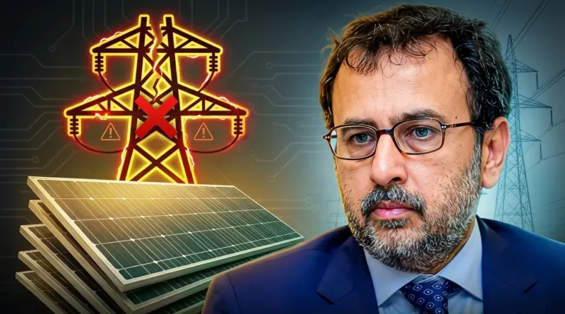 وفاقی وزیرِ توانائی اویس لغاری کی تصویر اور کراس کا نشان لگے سولر پینلز جو قومی گرڈ پر دباؤ کی عکاسی کر رہے ہیں