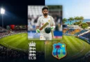 Babar Azam in Pakistan Test kit with ECB and CWI team logos and stadium background representing England and West Indies tours.