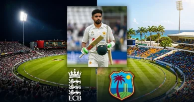 Babar Azam in Pakistan Test kit with ECB and CWI team logos and stadium background representing England and West Indies tours.