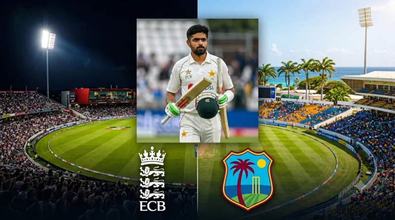 Babar Azam in Pakistan Test kit with ECB and CWI team logos and stadium background representing England and West Indies tours.
