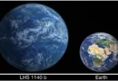 A scientific side-by-side comparison of the newly discovered super-Earth exoplanet LHS 1140b with planet Earth in deep space.