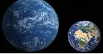 A scientific side-by-side comparison of the newly discovered super-Earth exoplanet LHS 1140b with planet Earth in deep space.
