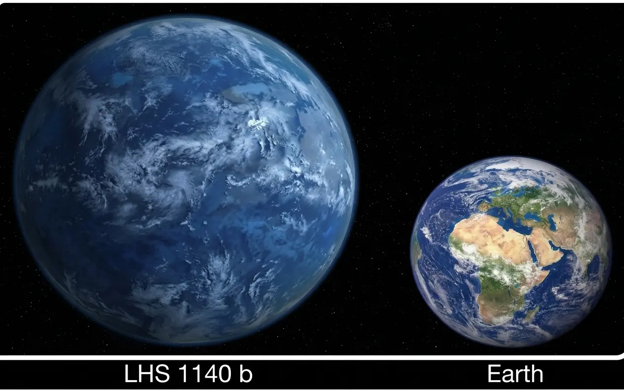 A scientific side-by-side comparison of the newly discovered super-Earth exoplanet LHS 1140b with planet Earth in deep space.