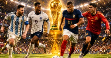 FIFA World Cup 2026 semifinalists star players Mbappe, Lamine Yamal, Harry Kane, and Messi on the pitch inside AT&T Stadium.
