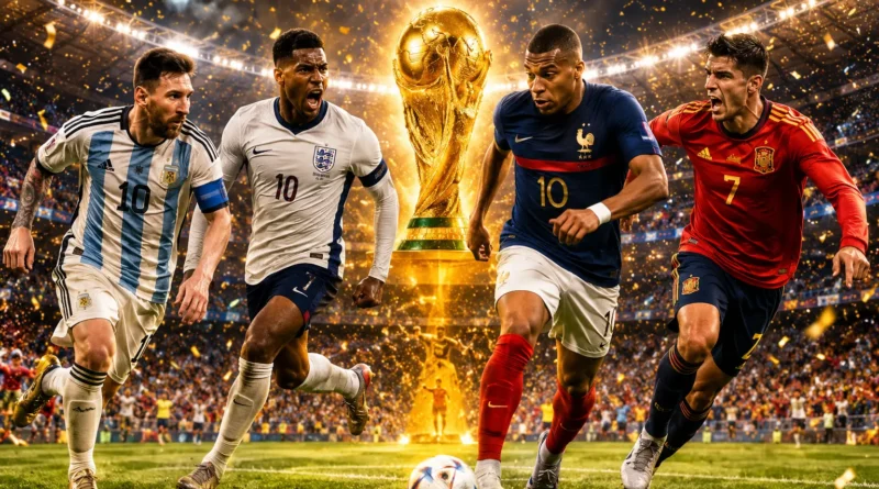 FIFA World Cup 2026 semifinalists star players Mbappe, Lamine Yamal, Harry Kane, and Messi on the pitch inside AT&T Stadium.