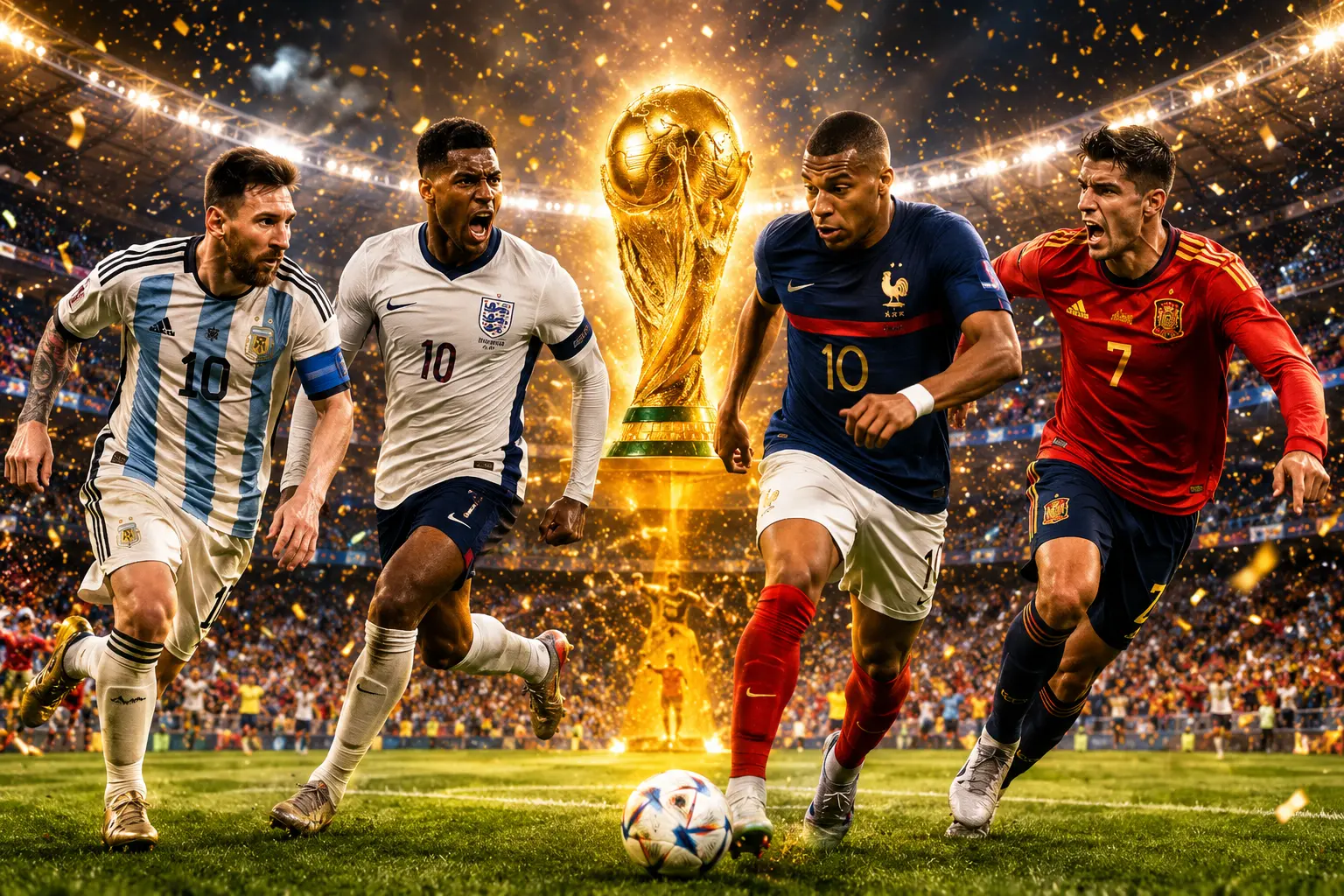 FIFA World Cup 2026 semifinalists star players Mbappe, Lamine Yamal, Harry Kane, and Messi on the pitch inside AT&T Stadium.