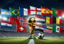 A grand football stadium hosting FIFA World Cup 2026 matches under a sunset sky