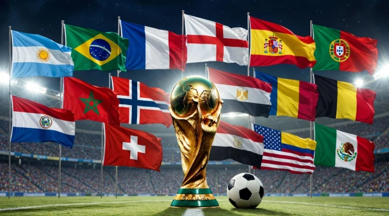 A grand football stadium hosting FIFA World Cup 2026 matches under a sunset sky