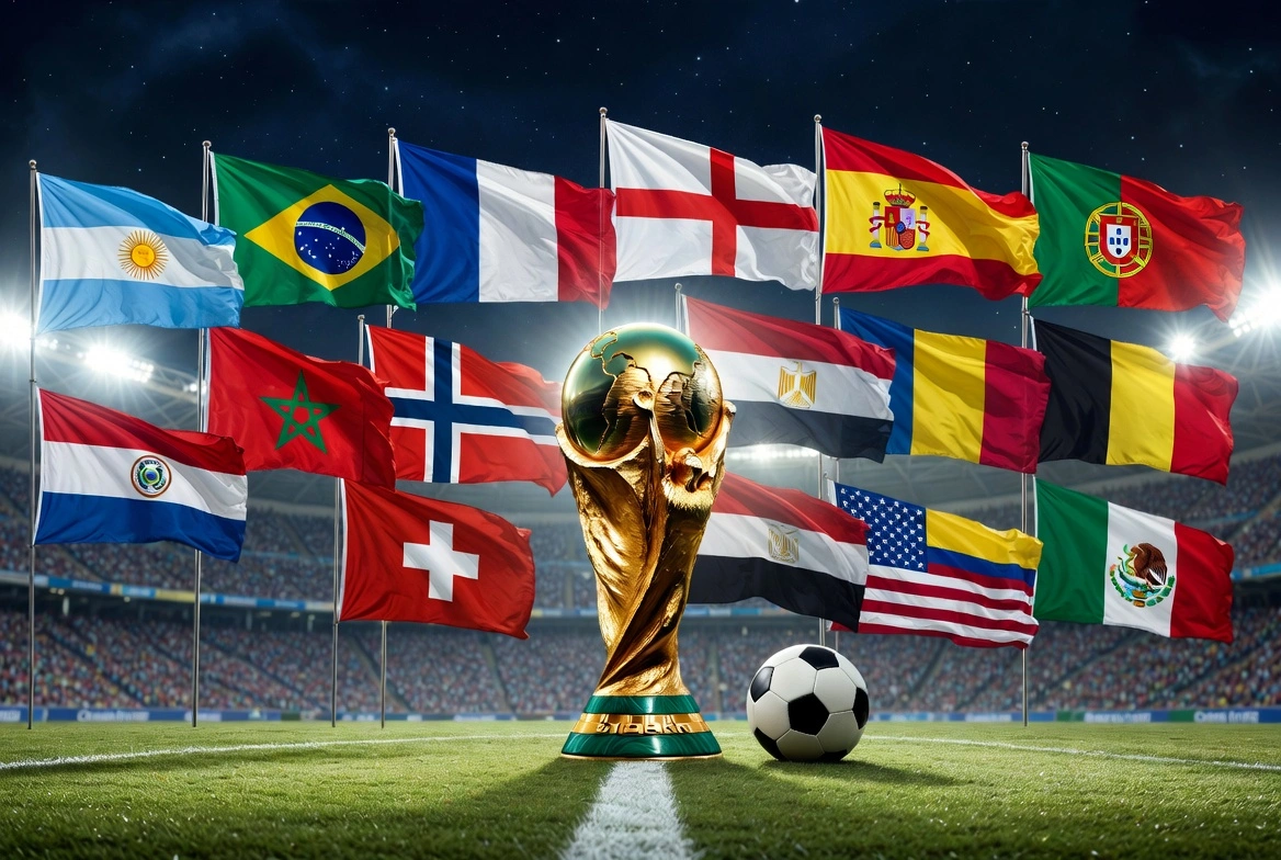 A grand football stadium hosting FIFA World Cup 2026 matches under a sunset sky