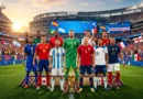 FIFA World Cup 2026 Team of the Tournament featuring Messi, Mbappe, Rodri, and Bellingham standing on a pitch in a crowded stadium.