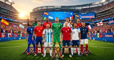 FIFA World Cup 2026 Team of the Tournament featuring Messi, Mbappe, Rodri, and Bellingham standing on a pitch in a crowded stadium.