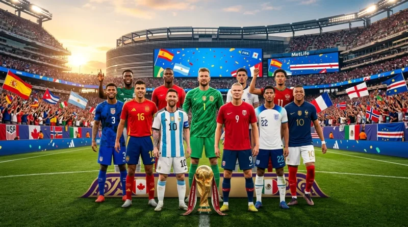 FIFA World Cup 2026 Team of the Tournament featuring Messi, Mbappe, Rodri, and Bellingham standing on a pitch in a crowded stadium.