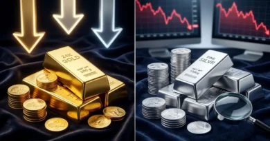 سونے اور چاندی کی قیمتوں میں بڑی کمی کو ظاہر کرنے والے سونے کے بسکٹ اور چاندی کی اینٹیں گراف کے ساتھ۔