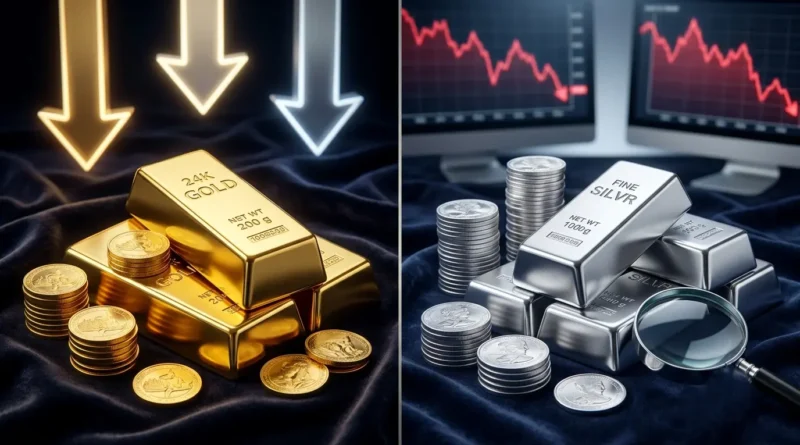 سونے اور چاندی کی قیمتوں میں بڑی کمی کو ظاہر کرنے والے سونے کے بسکٹ اور چاندی کی اینٹیں گراف کے ساتھ۔