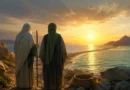 غروبِ آفتاب کے وقت سمندر کے کنارے حضرت موسٰیؑ اور حضرت خضرؑ کی علامتی منظر کشی، جو قرآنِ کریم میں بیان کردہ علم، حکمت اور صبر کے تاریخی سفر کی عکاسی کرتی ہے۔
