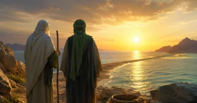 غروبِ آفتاب کے وقت سمندر کے کنارے حضرت موسٰیؑ اور حضرت خضرؑ کی علامتی منظر کشی، جو قرآنِ کریم میں بیان کردہ علم، حکمت اور صبر کے تاریخی سفر کی عکاسی کرتی ہے۔