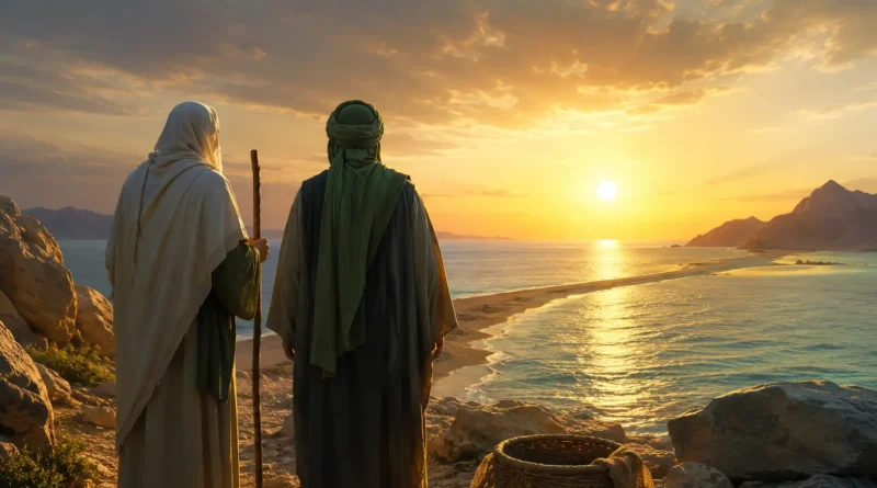 غروبِ آفتاب کے وقت سمندر کے کنارے حضرت موسٰیؑ اور حضرت خضرؑ کی علامتی منظر کشی، جو قرآنِ کریم میں بیان کردہ علم، حکمت اور صبر کے تاریخی سفر کی عکاسی کرتی ہے۔