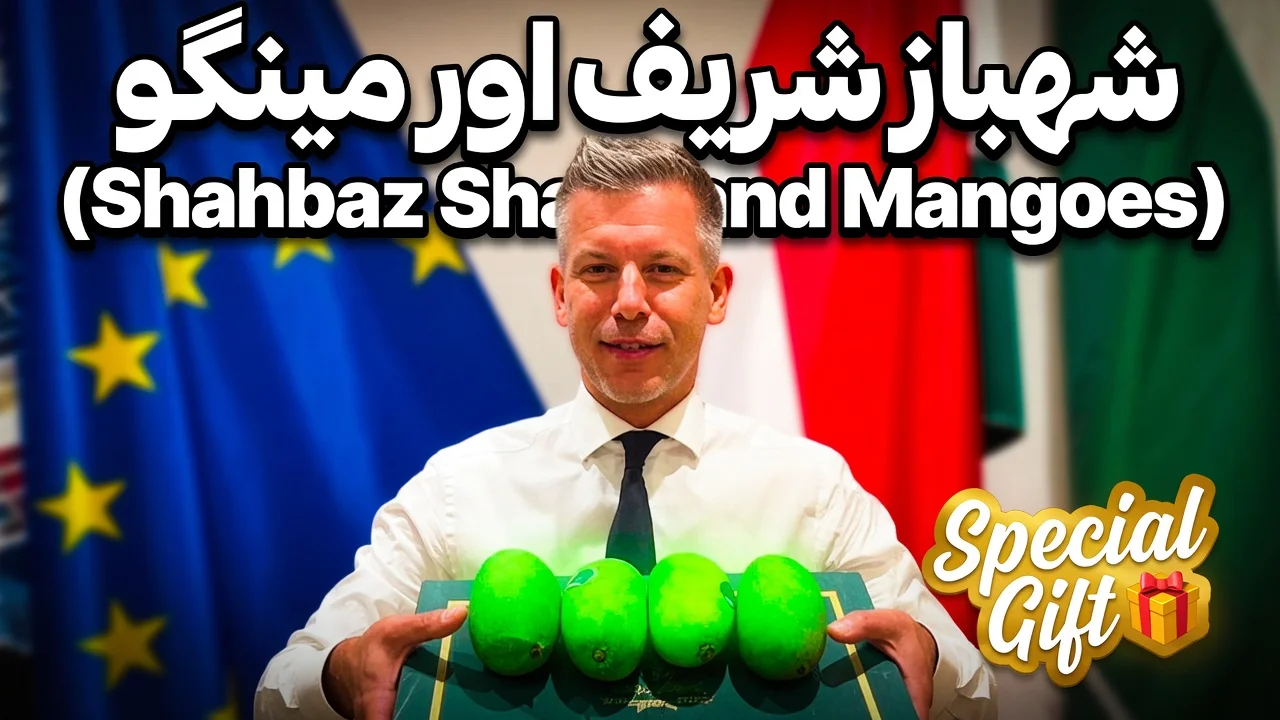 Hungarian Prime Minister Péter Magyar holding a gift box of Pakistani mangoes sent by Prime Minister Shehbaz Sharif, with Pakistan and Hungary flags in the background.