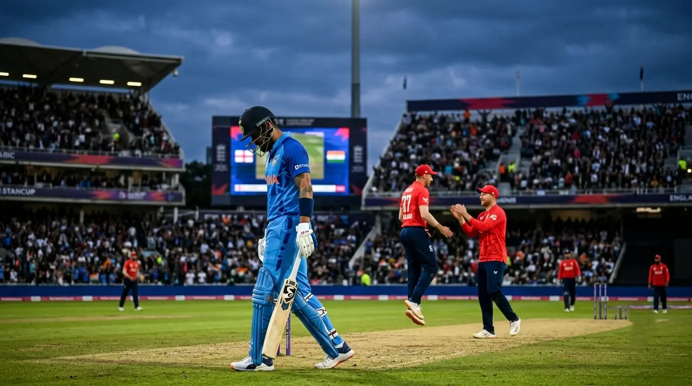 A disappointed Indian batsman walking off the cricket pitch while England players celebrate in the background during a T20 match in a crowded stadium.