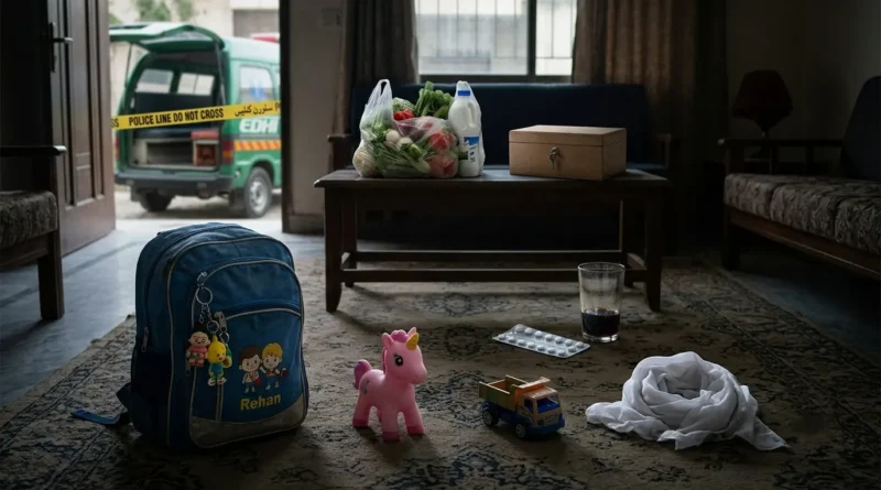 A dramatic symbolic scene inside a house in Kahna Lahore with children school bag, toys, grocery bag on table, and an Edhi ambulance outside the door.