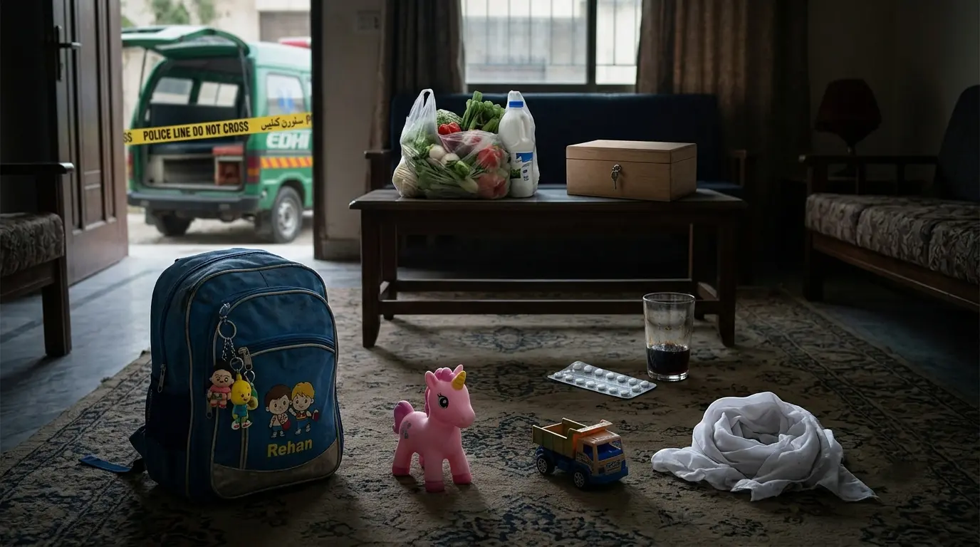 A dramatic symbolic scene inside a house in Kahna Lahore with children school bag, toys, grocery bag on table, and an Edhi ambulance outside the door.