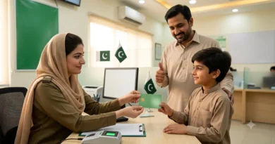 NADRA official issuing a smart juvenile identity card to a child accompanied by his father at the registration center.