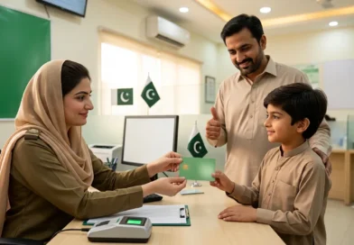 NADRA official issuing a smart juvenile identity card to a child accompanied by his father at the registration center.