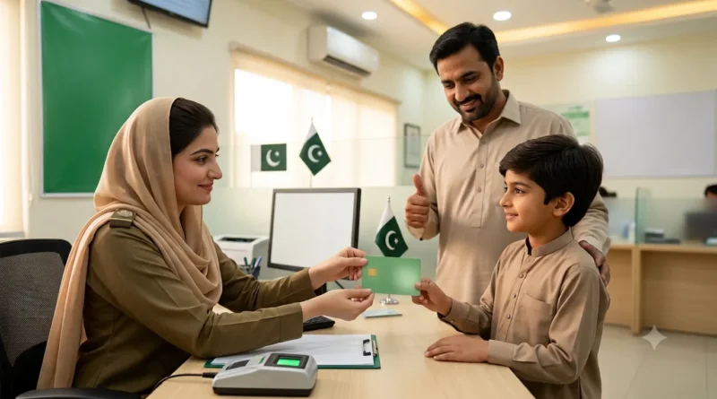 NADRA official issuing a smart juvenile identity card to a child accompanied by his father at the registration center.