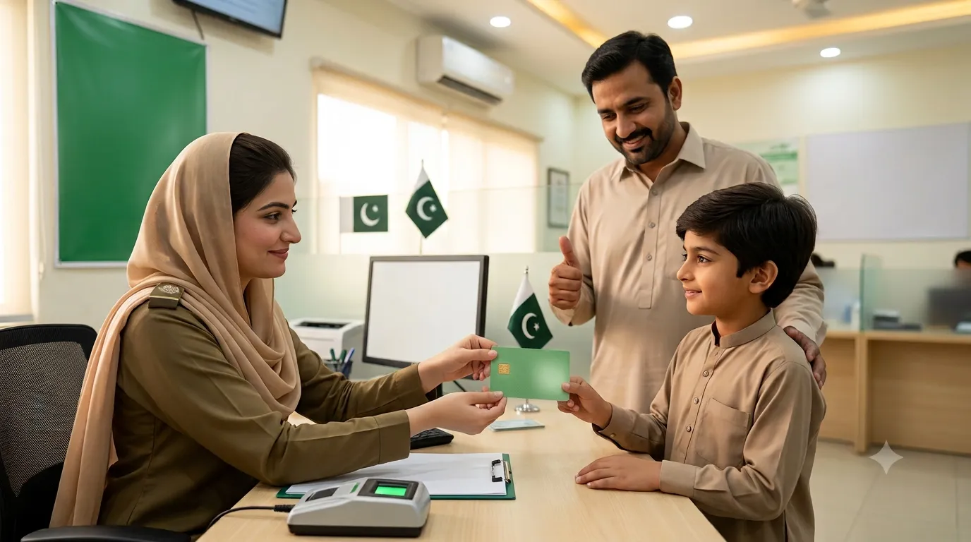 NADRA official issuing a smart juvenile identity card to a child accompanied by his father at the registration center.