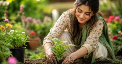 A person walking barefoot on a natural dirt path surrounded by lush greenery, flowers, and a flowing river under a warm sunset sky, representing earthing and connection with soil.
