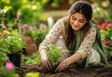 A person walking barefoot on a natural dirt path surrounded by lush greenery, flowers, and a flowing river under a warm sunset sky, representing earthing and connection with soil.