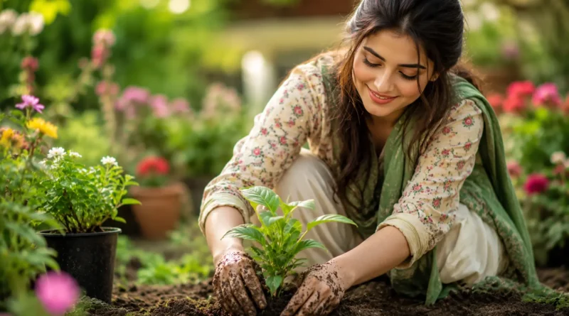 A person walking barefoot on a natural dirt path surrounded by lush greenery, flowers, and a flowing river under a warm sunset sky, representing earthing and connection with soil.