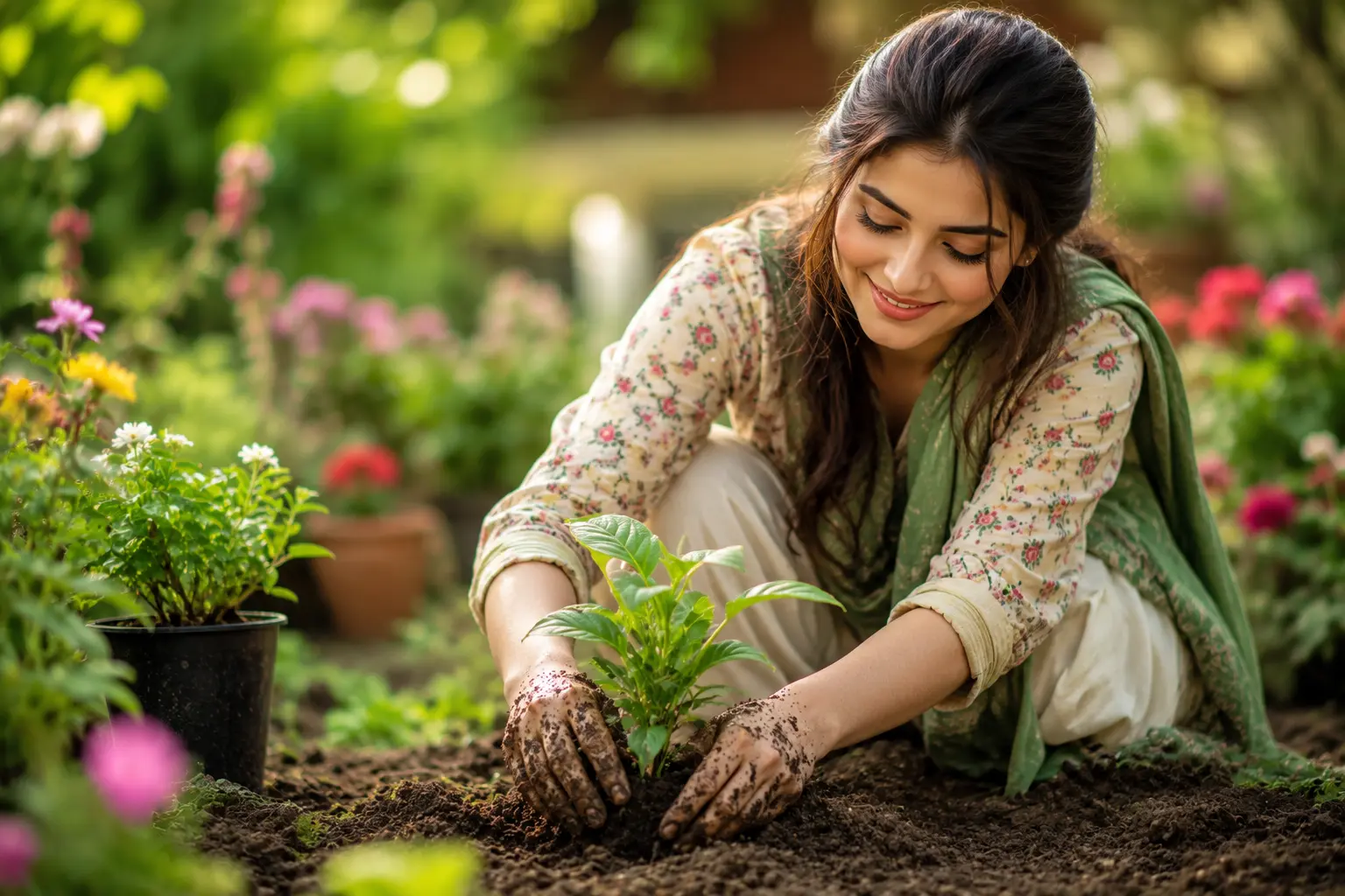 A person walking barefoot on a natural dirt path surrounded by lush greenery, flowers, and a flowing river under a warm sunset sky, representing earthing and connection with soil.
