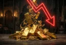 Gold bars and coins with a red downward arrow showing price drop in Pakistan stock exchange background