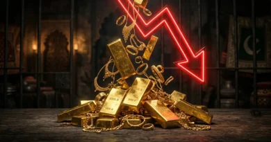 Gold bars and coins with a red downward arrow showing price drop in Pakistan stock exchange background
