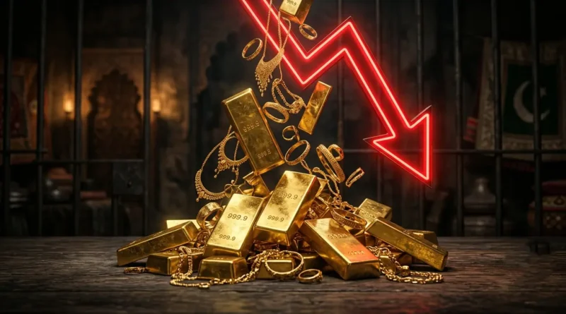Gold bars and coins with a red downward arrow showing price drop in Pakistan stock exchange background