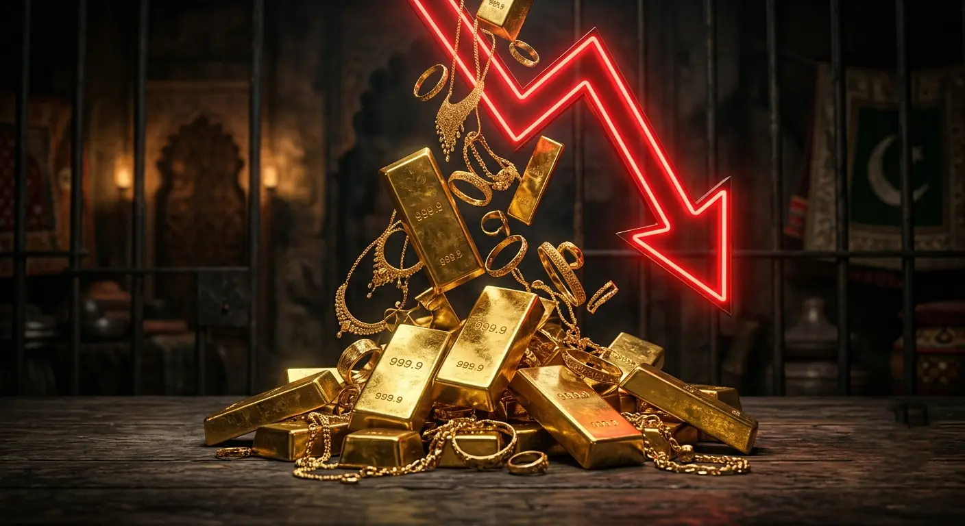 Gold bars and coins with a red downward arrow showing price drop in Pakistan stock exchange background
