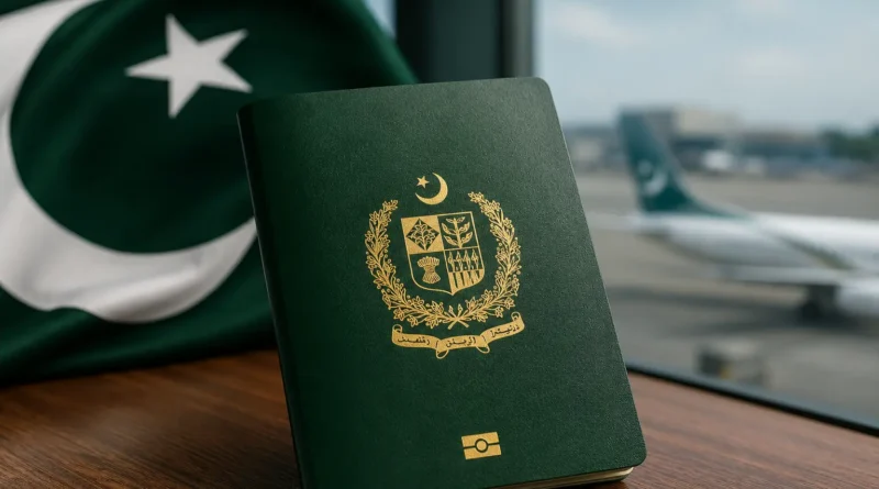 A close-up of a green Pakistani passport on a world map, indicating the 101st rank in the Henley Passport Index 2026.