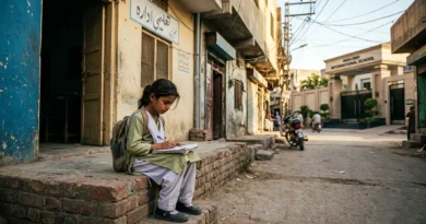 A young Pakistani schoolgirl in a green uniform sitting on a street step in a neighborhood, studying in front of a closed local school, with a high-end international school building visible in the background.