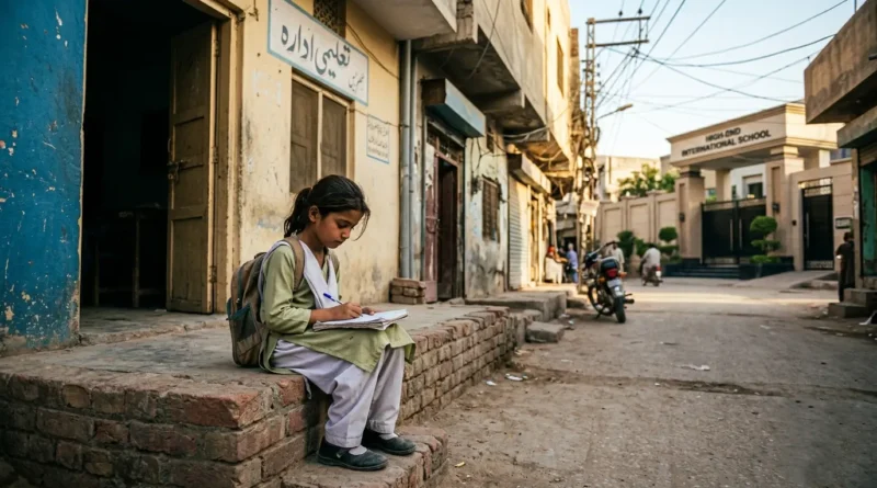 A young Pakistani schoolgirl in a green uniform sitting on a street step in a neighborhood, studying in front of a closed local school, with a high-end international school building visible in the background.